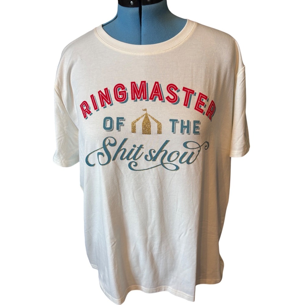 Ringmaster of the Shitshow Graphic T-Shirt Cream‎ Circus Glitter Tee Womens NWT